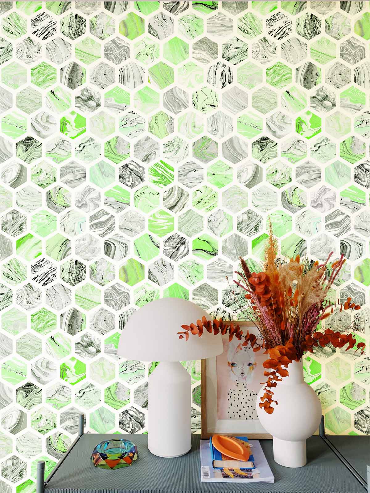 Mint Green Hexagonal Marble Wallpaper, modern interior with white vases, elegant decorative setup.