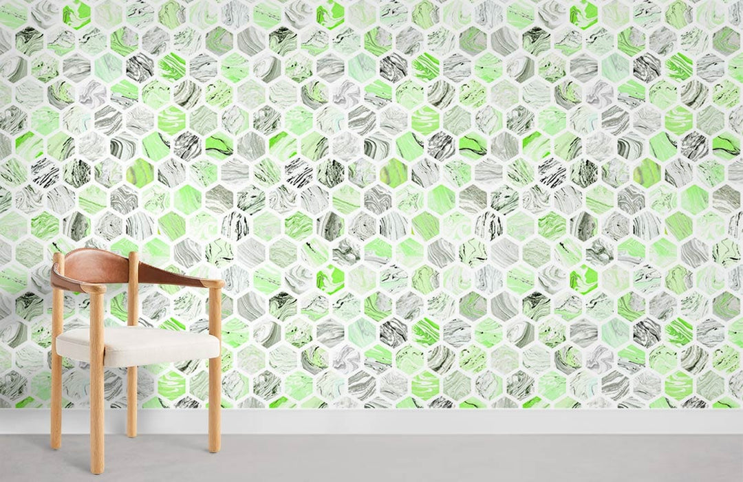 Mint green hexagonal marble wallpaper with wooden chair, modern interior design, grey flooring, contemporary setting.