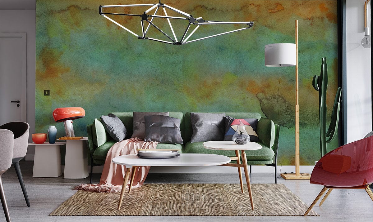 Abstract Watercolour Art Mural Wallpaper with minimalist sofa, modern tables, and stylish lighting in living room.