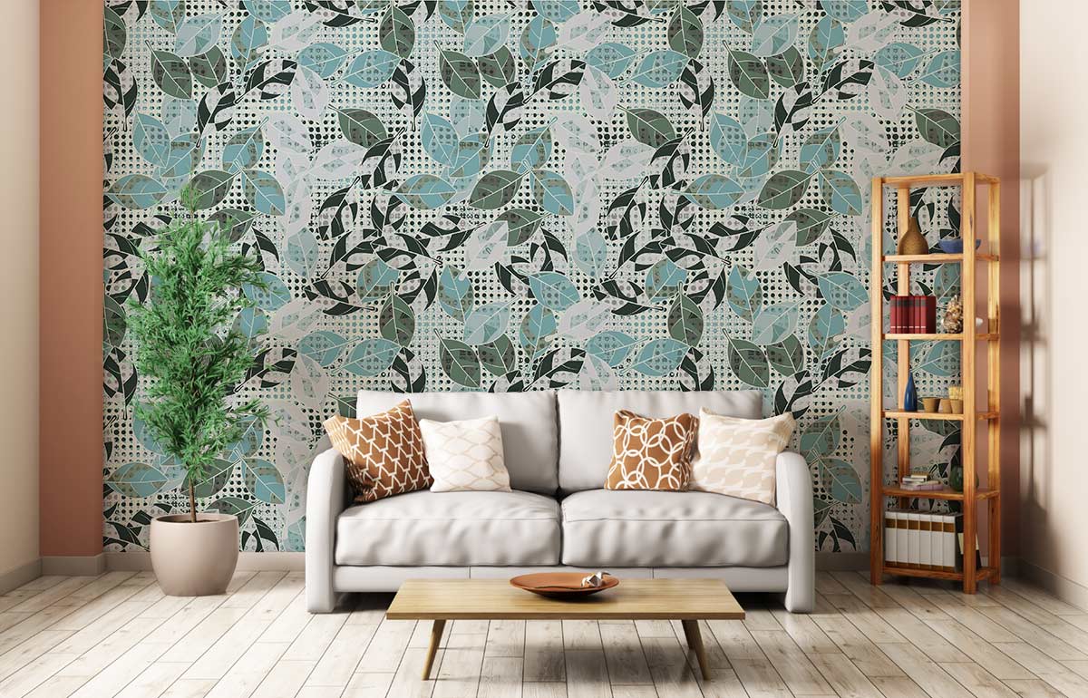 Elegant Teal and Grey Leaf Wallpaper, light grey sofa, wood coffee table, bookshelves, minimalist lounge decor.