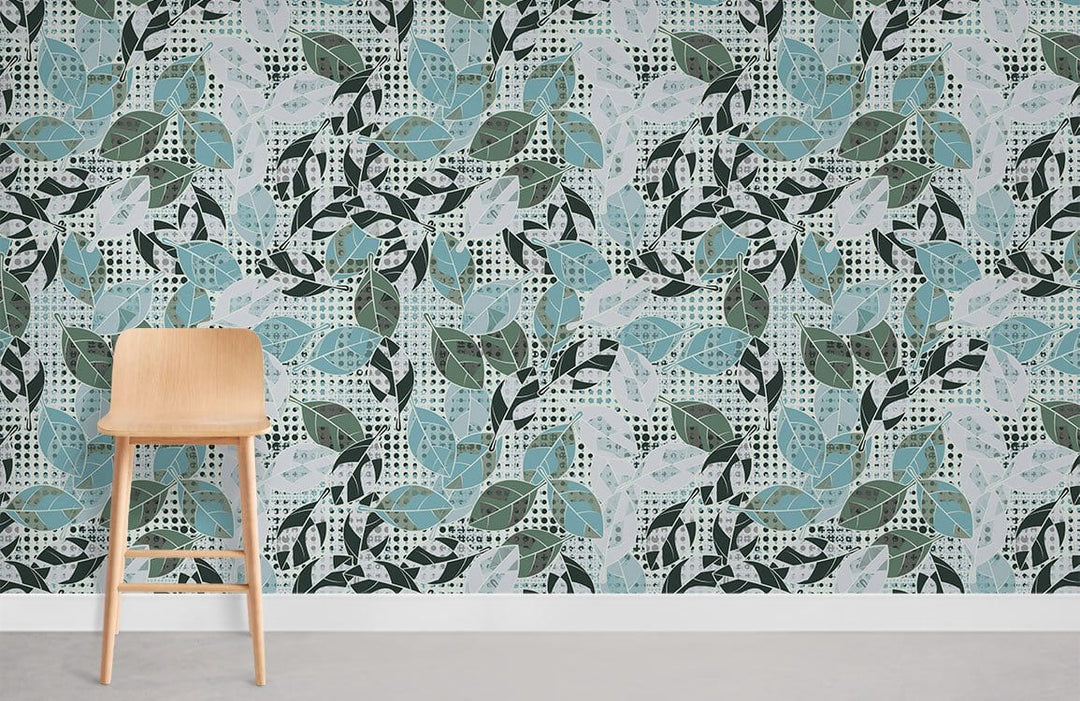 Elegant leaf pattern wallpaper in teal and grey with wooden bar stool in contemporary room setting.