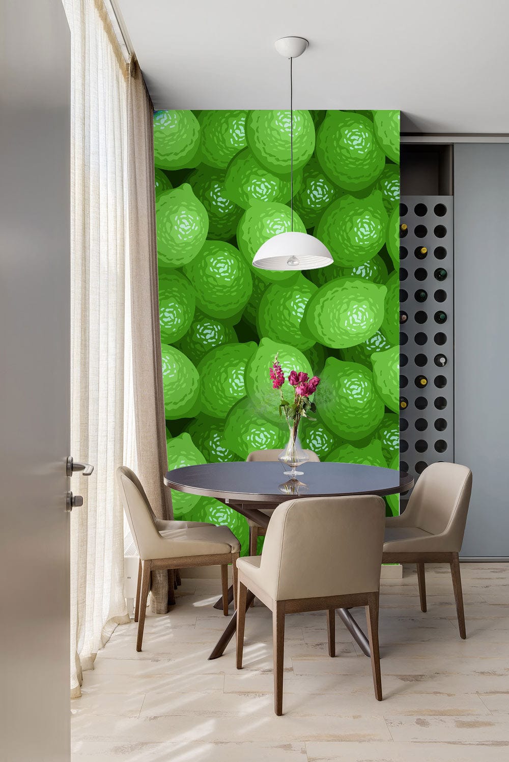 Vibrant lime pattern wallpaper with beige chairs, wooden flooring in a contemporary dining room.