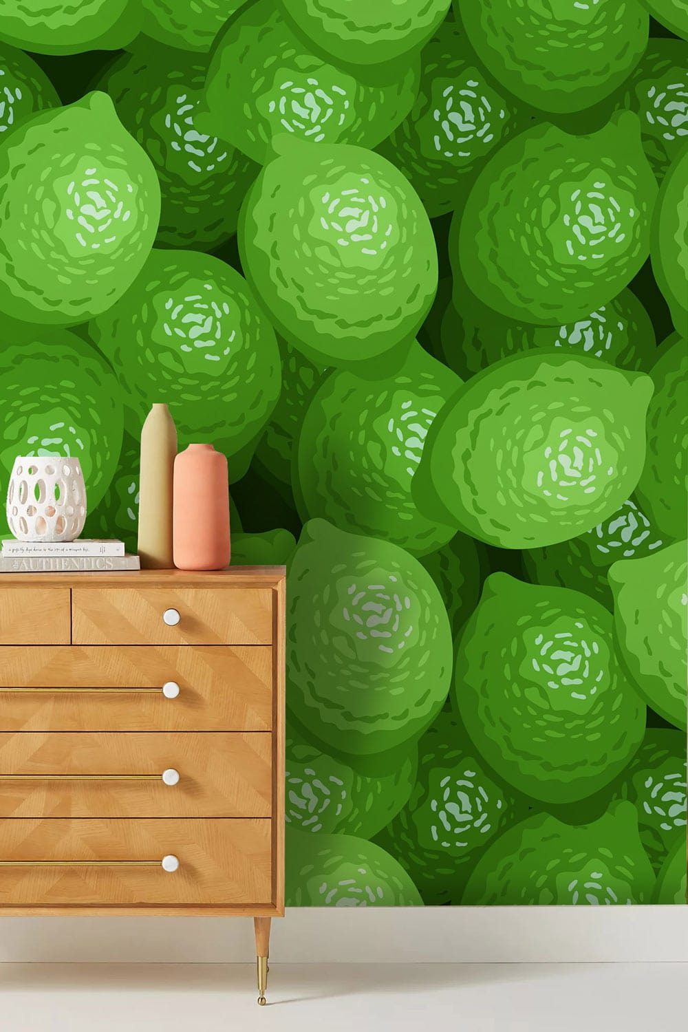 Vibrant Green Lime Pattern Wallpaper in modern room with wooden dresser, contemporary decor style.