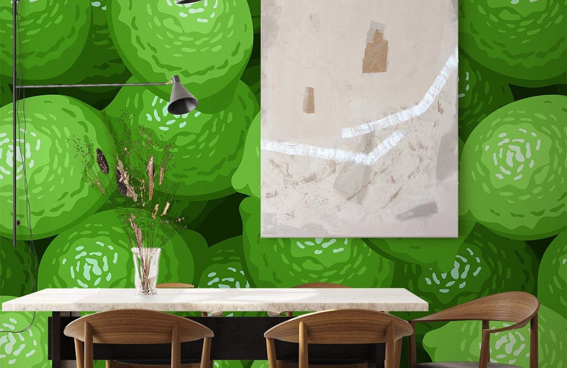 Vibrant green lime pattern wallpaper with abstract art, wooden chairs, and dining table in contemporary decor.