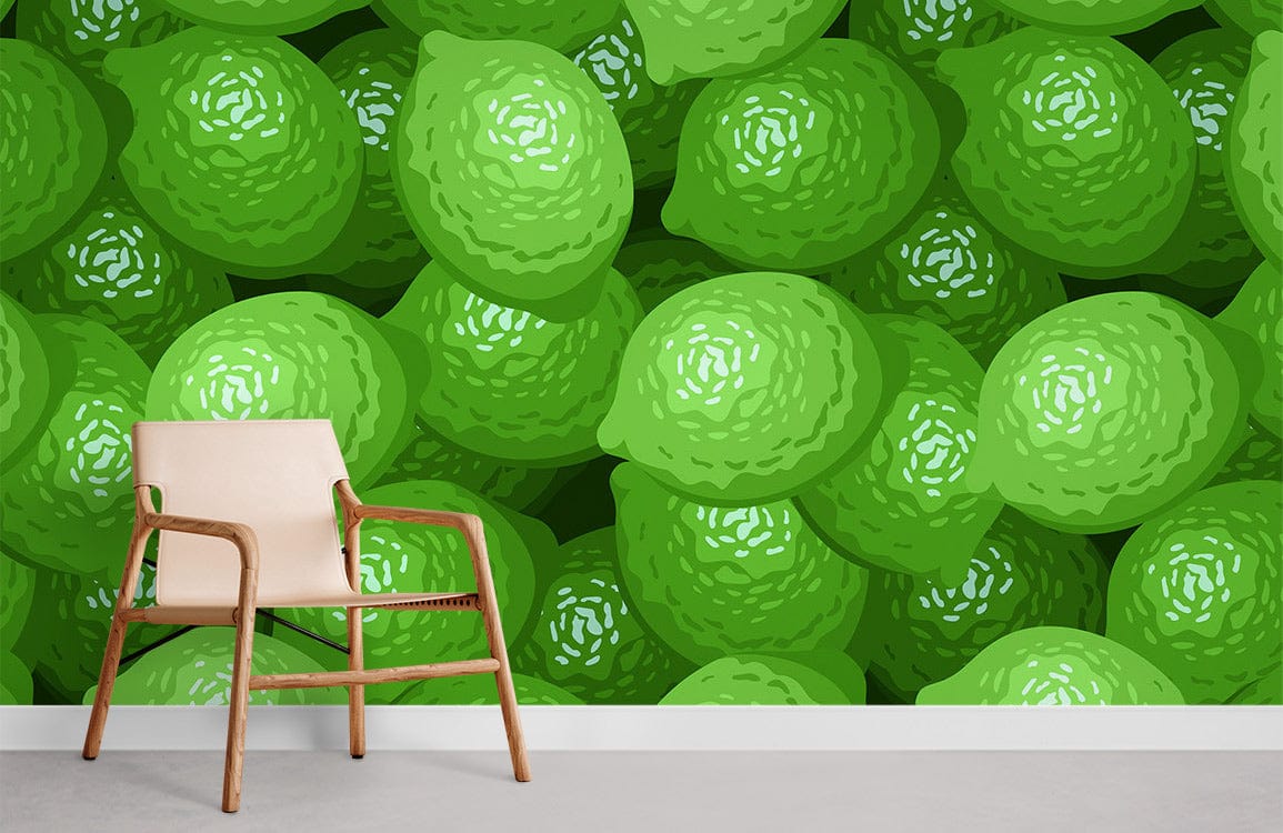 Vibrant green lime pattern wallpaper, neutral armchair, grey flooring, contemporary decor.