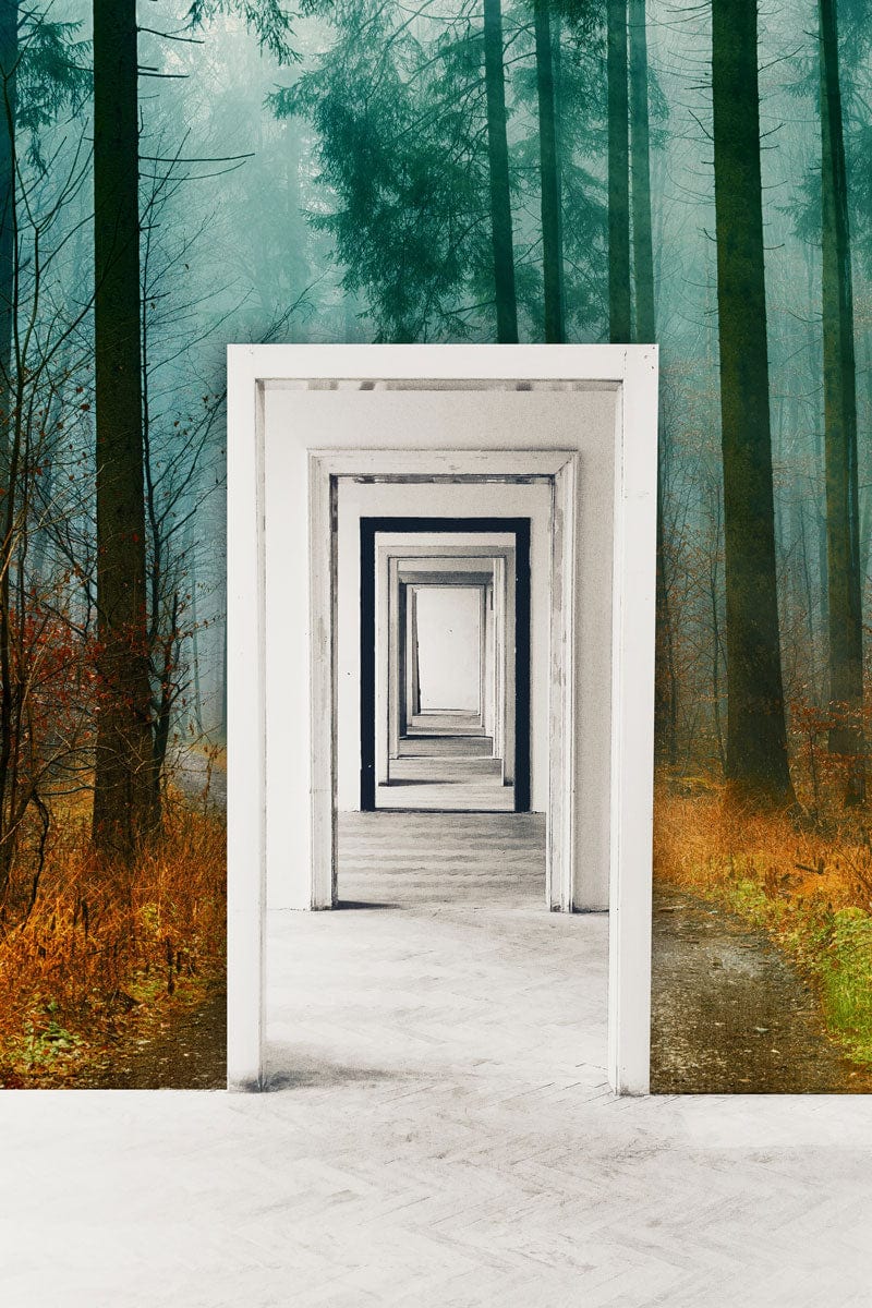 Enchanted forest path mural wallpaper, autumn hues, white geometric doorway, misty ambiance. Scenic interior decor.