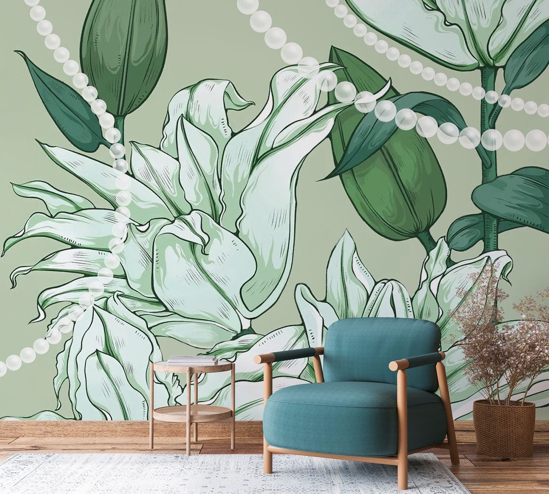 Elegant green floral wallpaper with pearl accents, stylish armchair, wooden flooring, in modern living room.