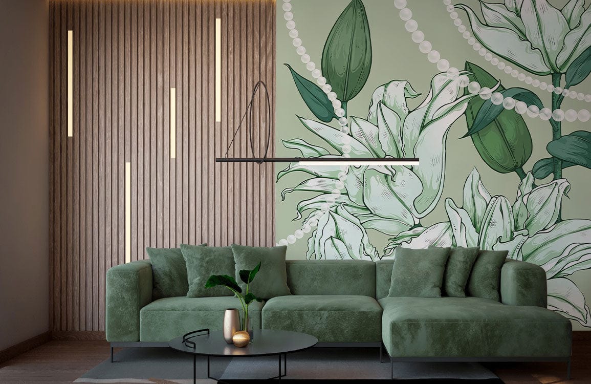 Elegant green floral wallpaper with pearl accents in a stylish lounge, green sofa, wood panel wall.