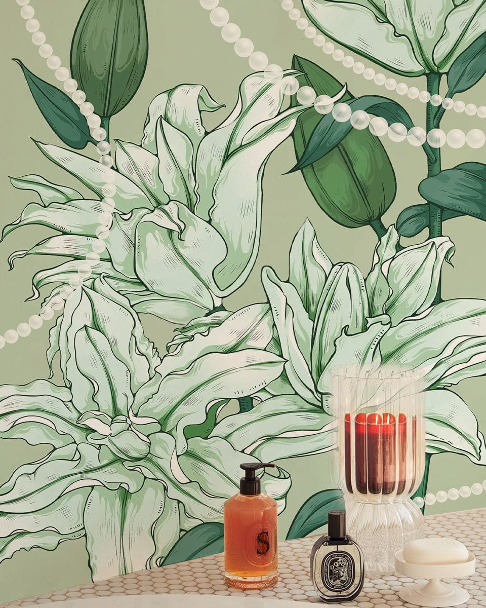 Elegant green floral wallpaper with pearl accents, table surface, stylish room decor essential.