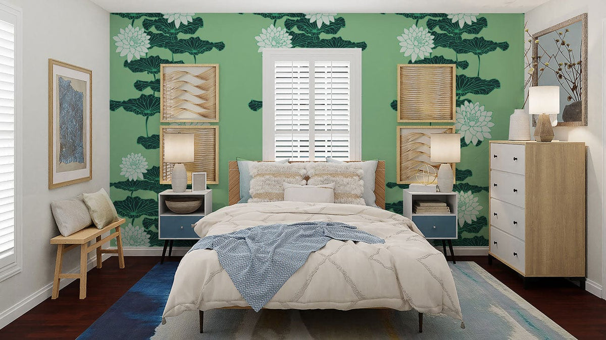 Green floral wallpaper in a stylish bedroom with light wood bed, blue rug, and matching bedside tables.