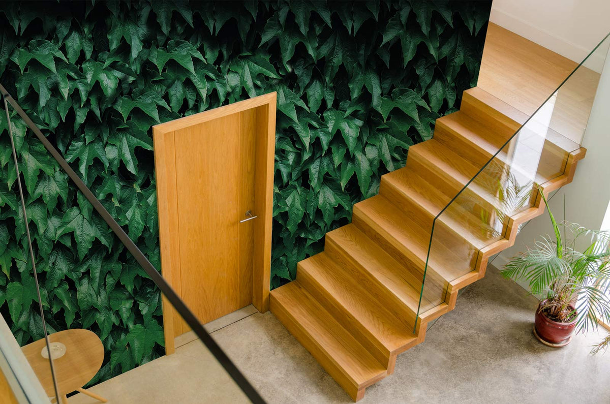 Vibrant green leafy ivy wall mural wallpaper in modern hallway with wooden staircase and glass railing.