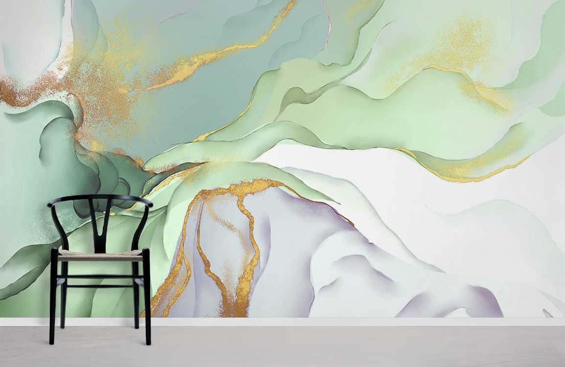 Luxurious green and gold abstract marble mural wallpaper; elegant chair; minimalist room; stylish design.
