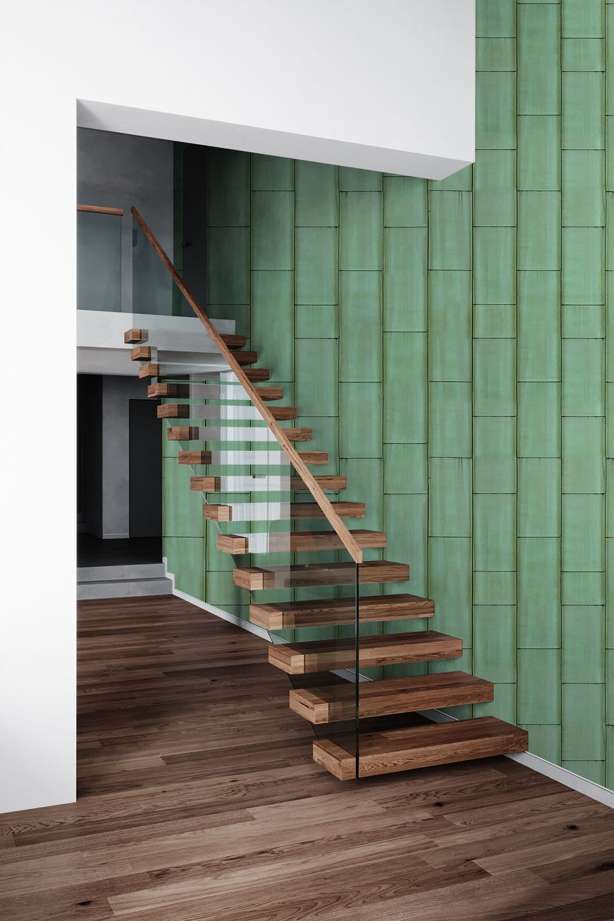 Teal geometric wallpaper, floating wooden staircase, glass railing, wooden flooring in modern home interior.