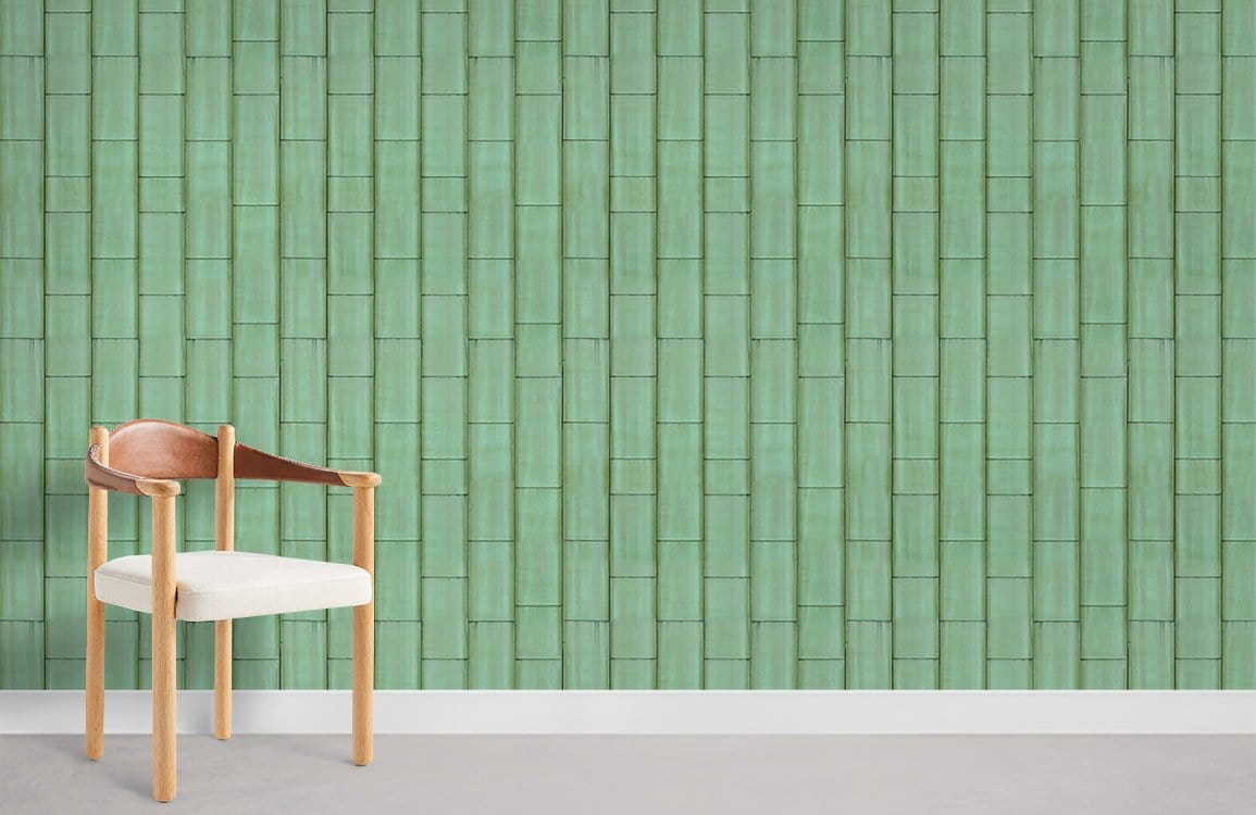 Teal geometric brick wallpaper, wooden chair, minimalistic grey floor in modern home interior setting.