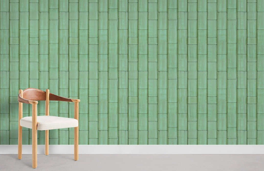Teal geometric brick wallpaper, wooden chair, minimalistic grey floor in modern home interior setting.