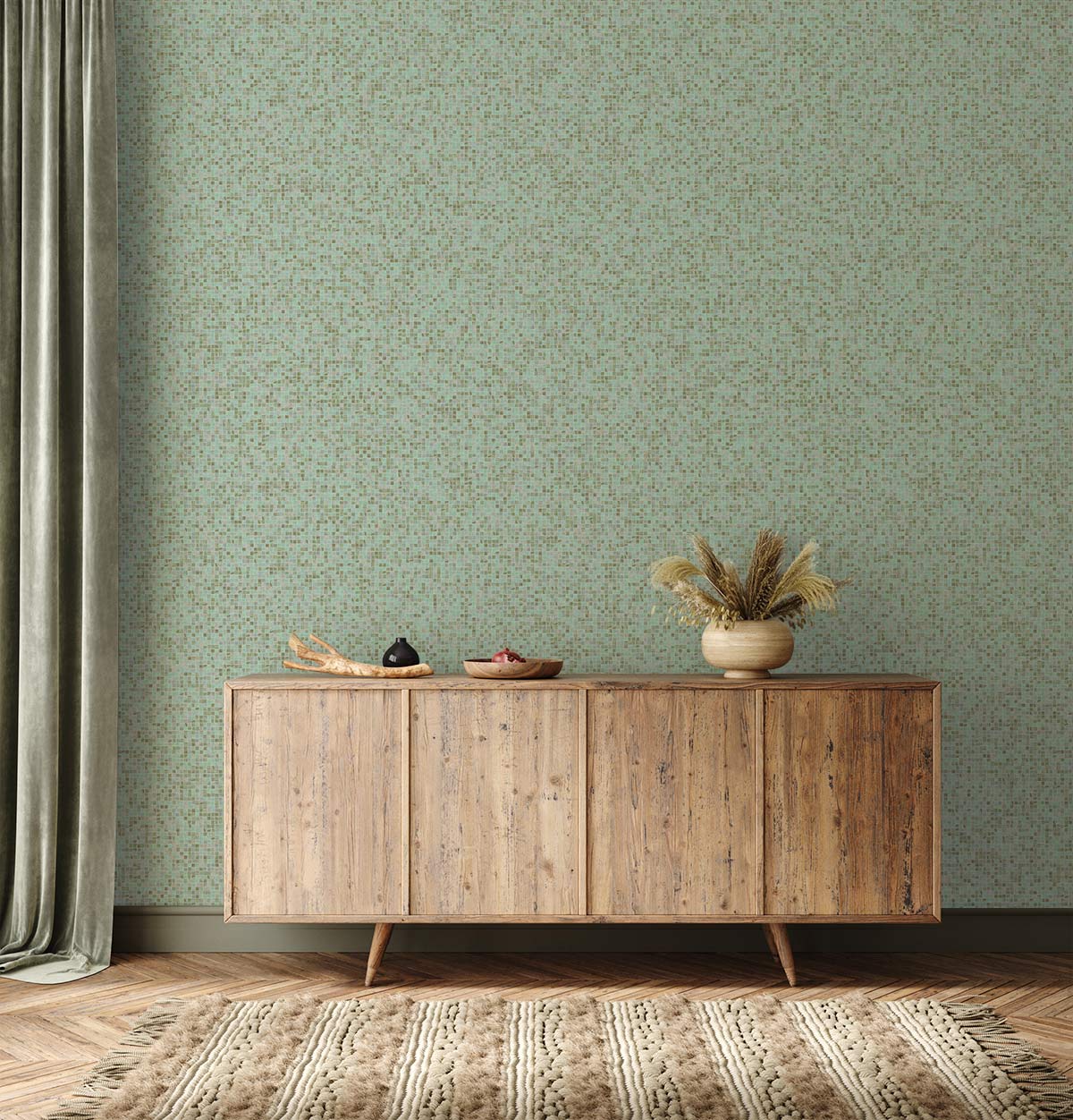 Mid-century wooden sideboard against patterned wall, green curtains, chevron parquet floor, and textured rug.