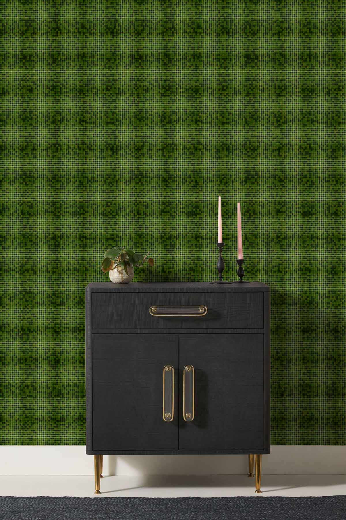 Deep Green Textured Modern Wallpaper with black cabinet and candles, enhancing stylish living room decor.