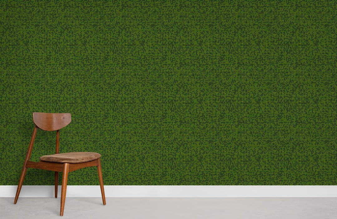 Deep green textured modern wallpaper for living spaces, featuring wooden chair on concrete flooring.