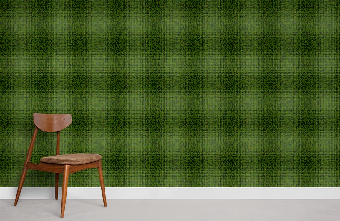 Deep green textured modern wallpaper for living spaces, featuring wooden chair on concrete flooring.