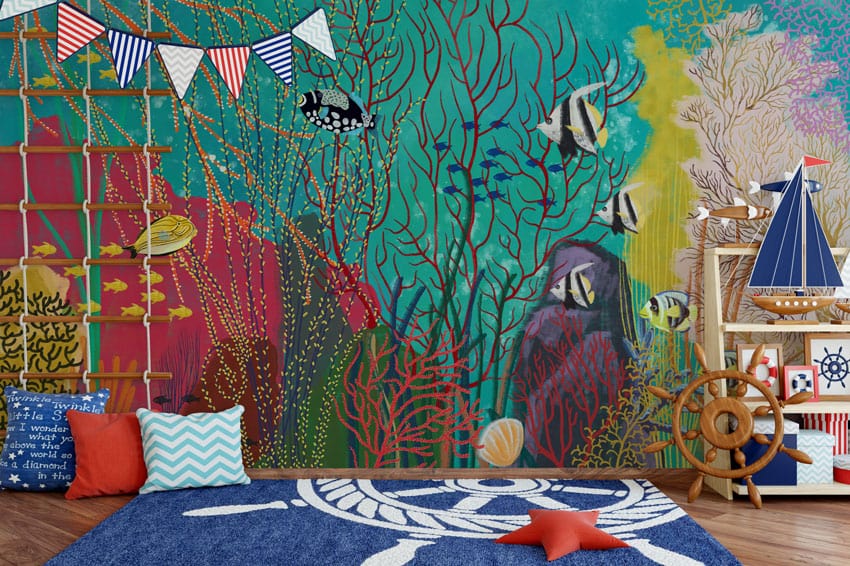Tropical underwater paradise mural with vibrant coral reef, nautical decor, wooden floor in kids' room.