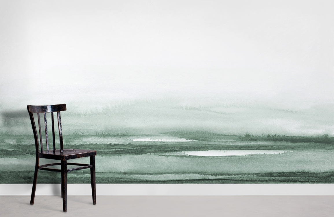 Serene Green Abstract Mural Wallpaper in tranquil interior with black wooden chair, grey flooring.