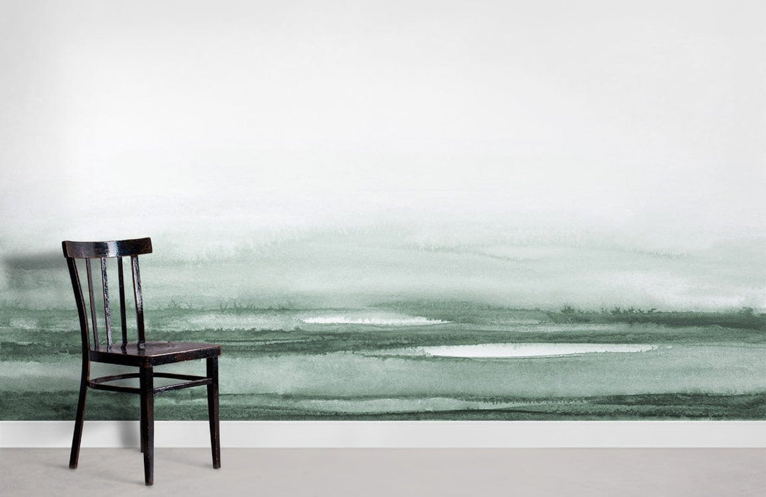 Serene Green Abstract Mural Wallpaper in tranquil interior with black wooden chair, grey flooring.