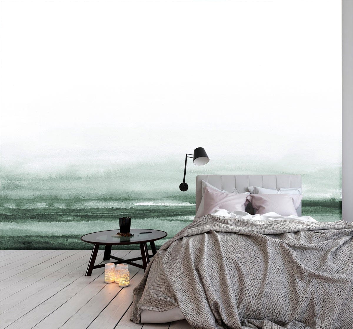 Serene Green Abstract Watercolour Mural Wallpaper in modern bedroom with grey bed, wooden flooring.