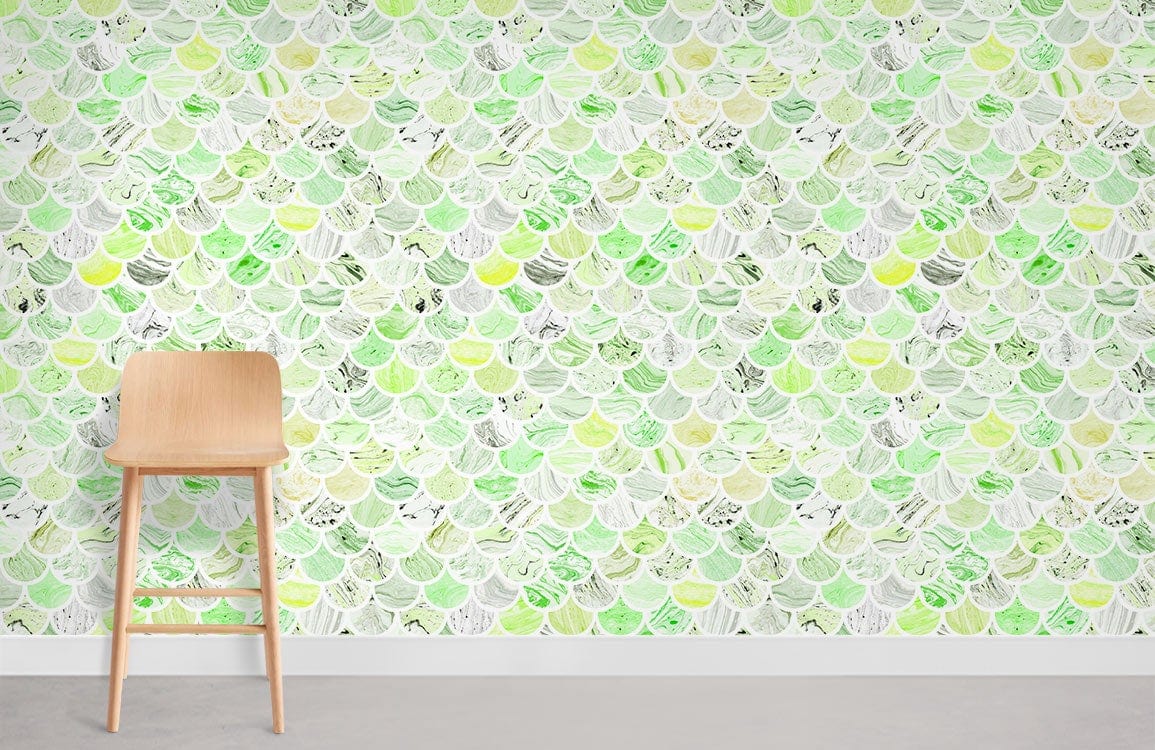 Refreshing citrus green scallop wallpaper in modern decor with wooden stool on concrete flooring.