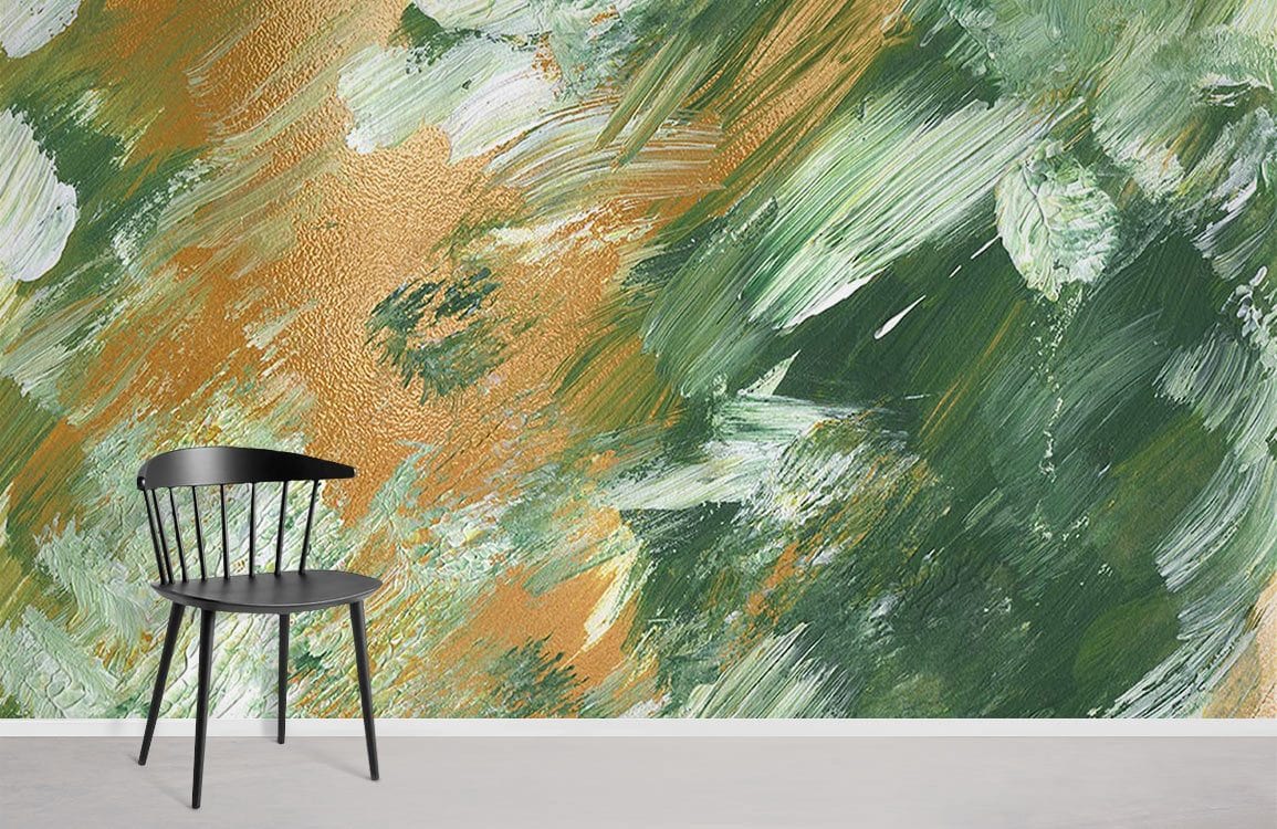 Elegant abstract green and gold mural wallpaper with black chair, creating a luxurious room atmosphere.