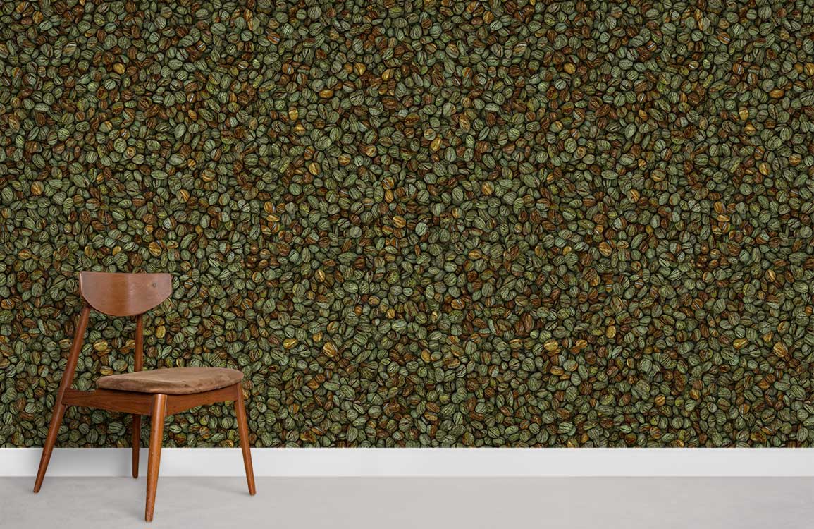 Earthy Tones Leaf Pattern Wallpaper in natural green and brown, modern wooden chair, concrete floor.