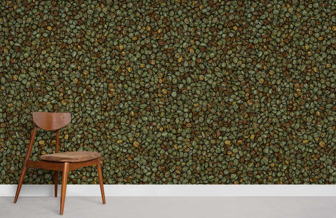 Earthy Tones Leaf Pattern Wallpaper in natural green and brown, modern wooden chair, concrete floor.