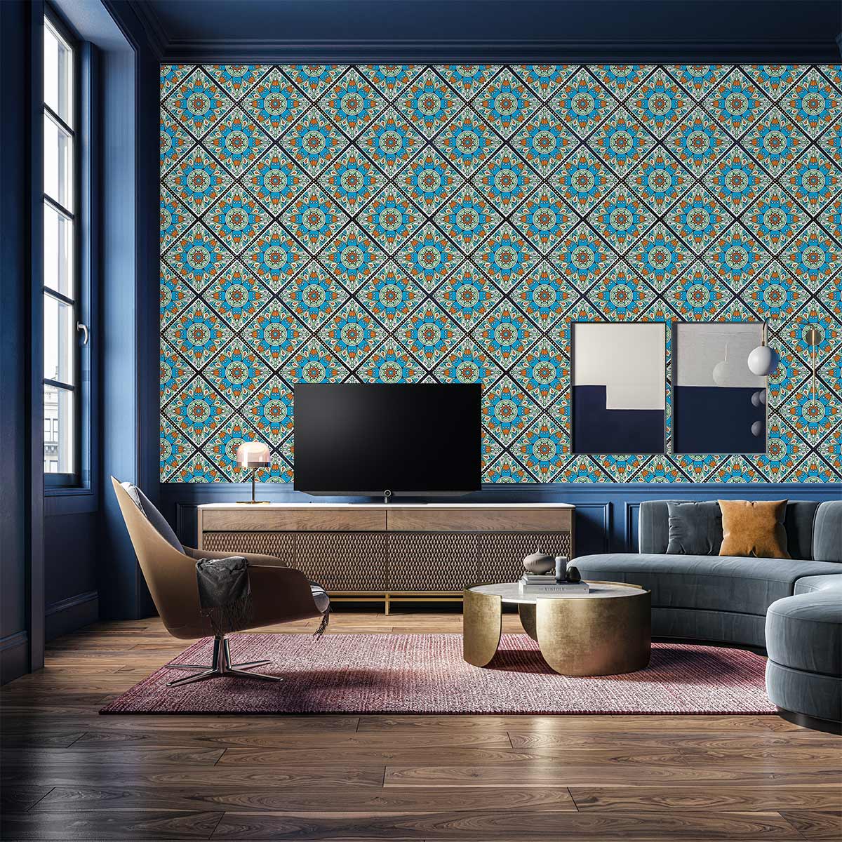 Vibrant geometric Mediterranean tile wallpaper in living room with modern furniture and wooden flooring.