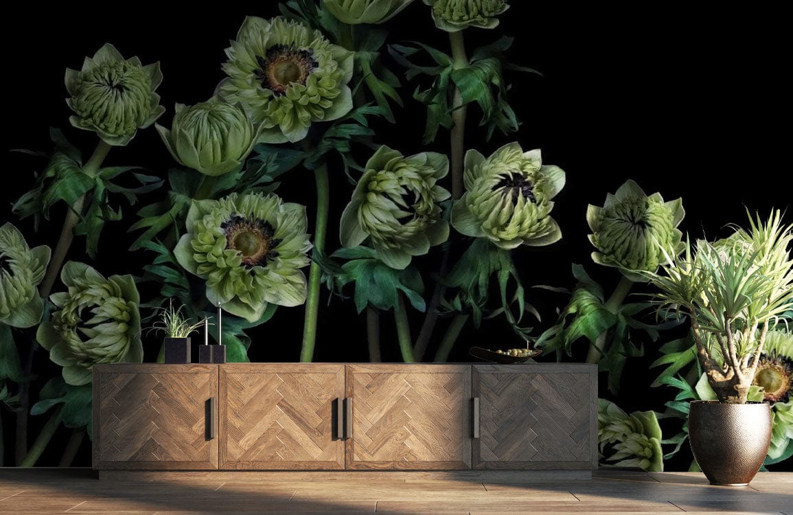 Dark botanical mural wallpaper, wooden sideboard, modern flooring, Green Floral Elegance enhances chic interiors.