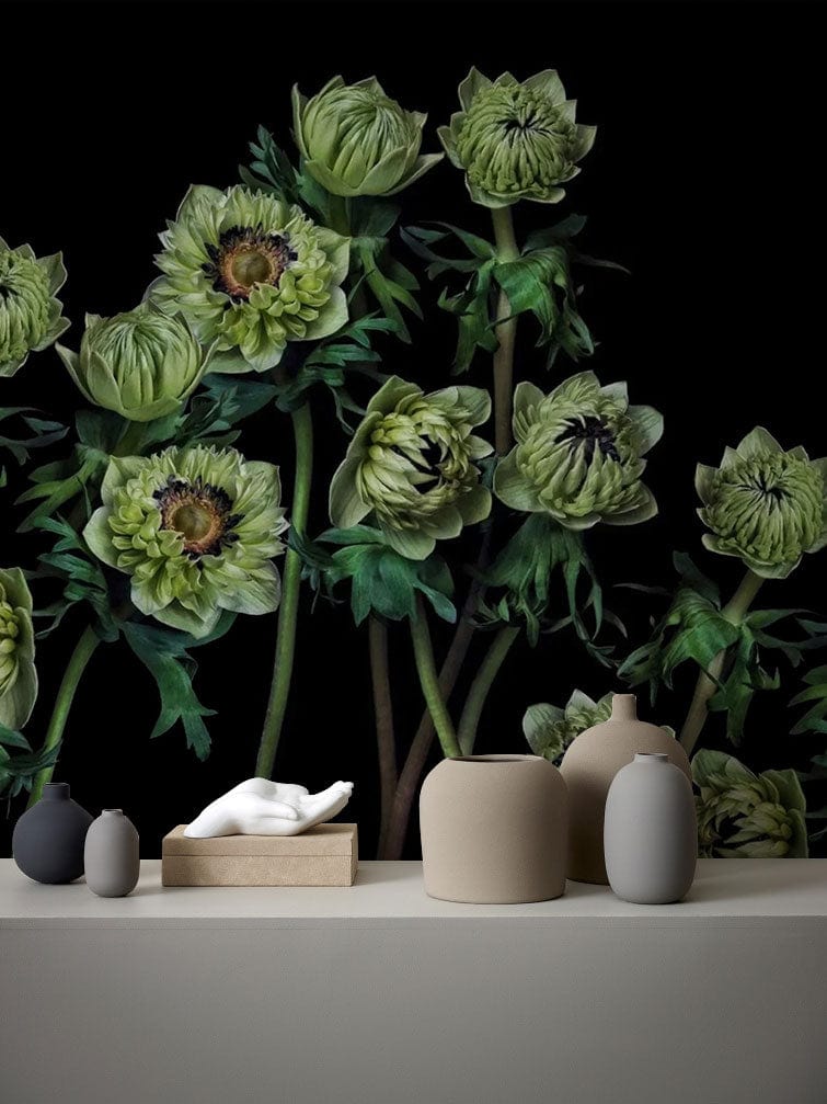 Green Floral Elegance wallpaper with dark botanical design, chic decor elements on minimalist shelf.