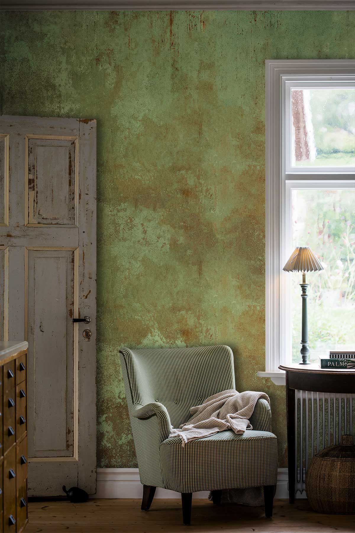 Vintage Green Brown Mural Wallpaper, Rustic Room, Armchair, Wooden Flooring, Textured Décor, Window View.