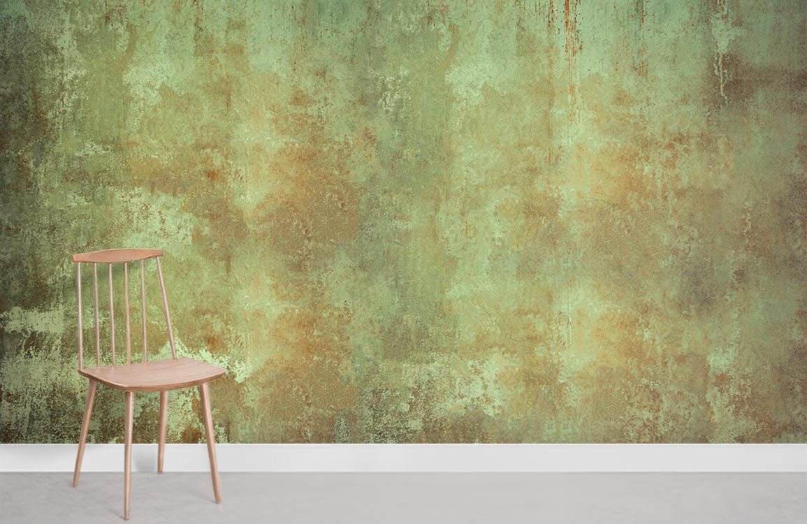 Vintage Distressed Green and Brown Mural Wallpaper with wooden chair, grey concrete floor for rustic decor.