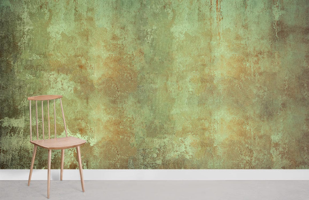 Vintage Distressed Green and Brown Mural Wallpaper with wooden chair, grey concrete floor for rustic decor.