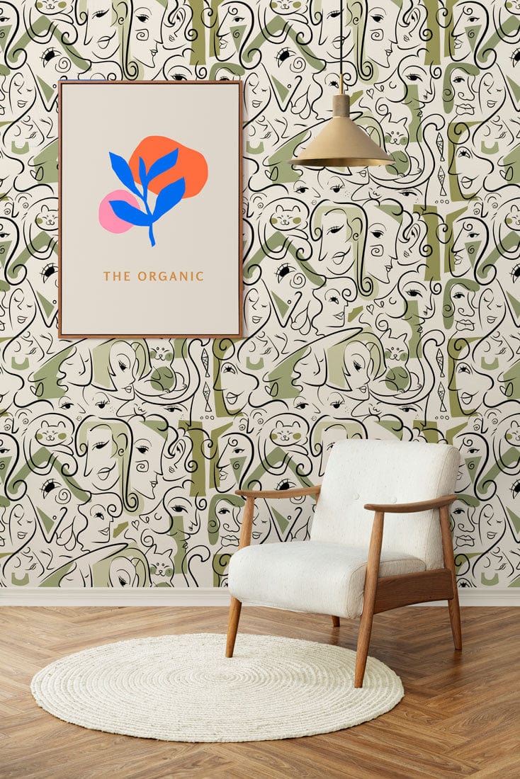 Abstract green and white line art wallpaper, modern chair, wooden flooring, minimalist room decor.