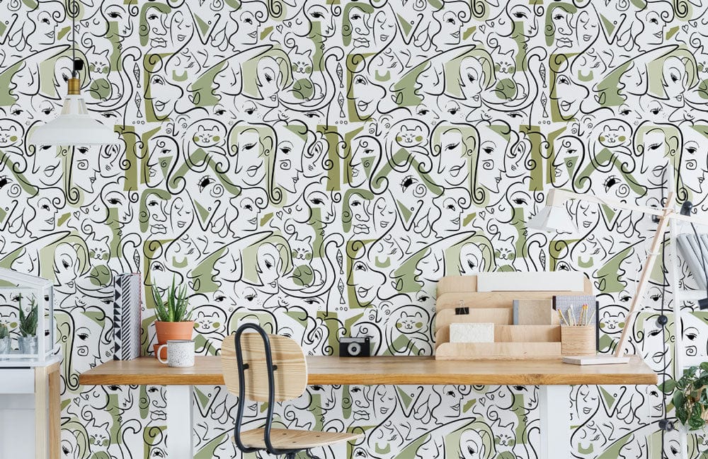 Abstract green and white line art wallpaper, modern design, featuring wooden desk with black chair.