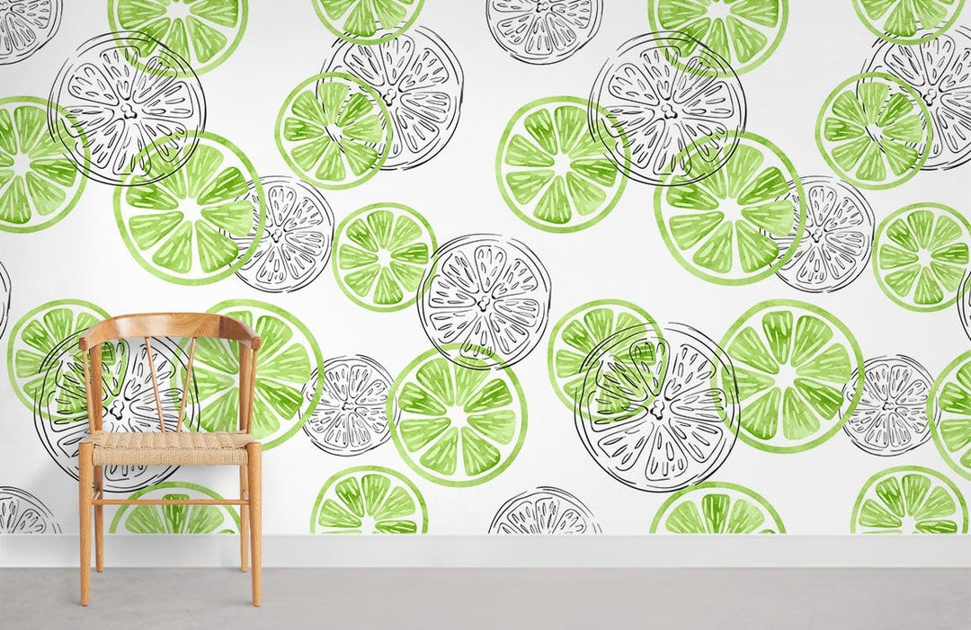 Vibrant lime citrus wallpaper with chair, grey flooring, complements contemporary room decor. Fresh green fruit pattern.