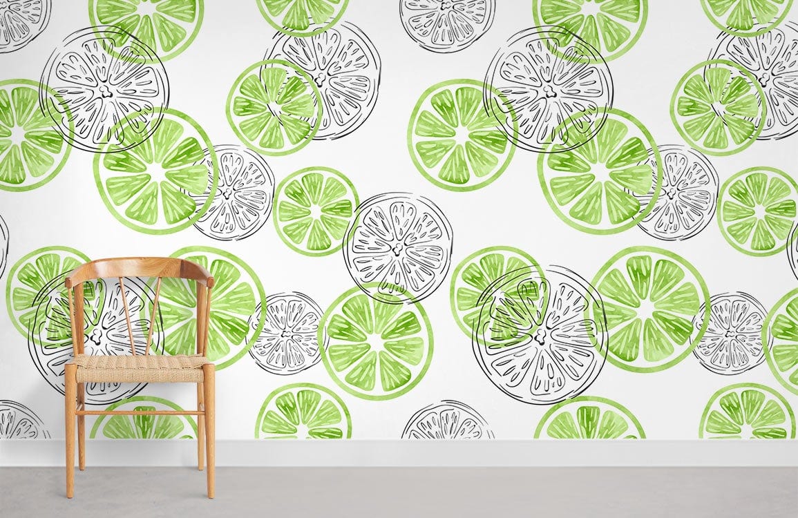 Vibrant lime citrus wallpaper with chair, grey flooring, complements contemporary room decor. Fresh green fruit pattern.