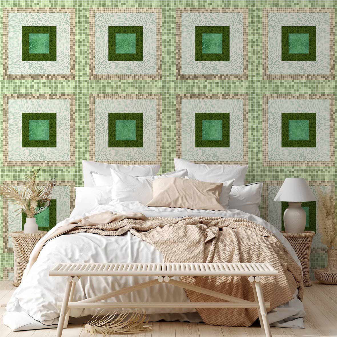 Modern bedroom with patterned green geometric wallpaper, white bed, beige bedding, stylish bench, and decorative lamps.