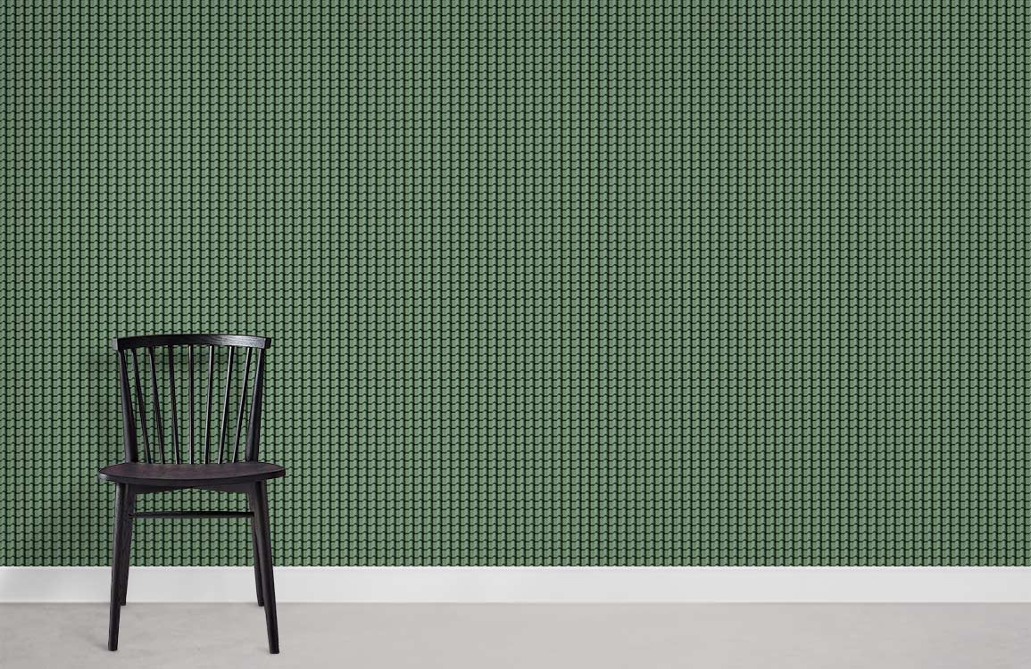 Elegant forest green geometric wallpaper with textured pattern, black chair, modern interior, grey flooring.