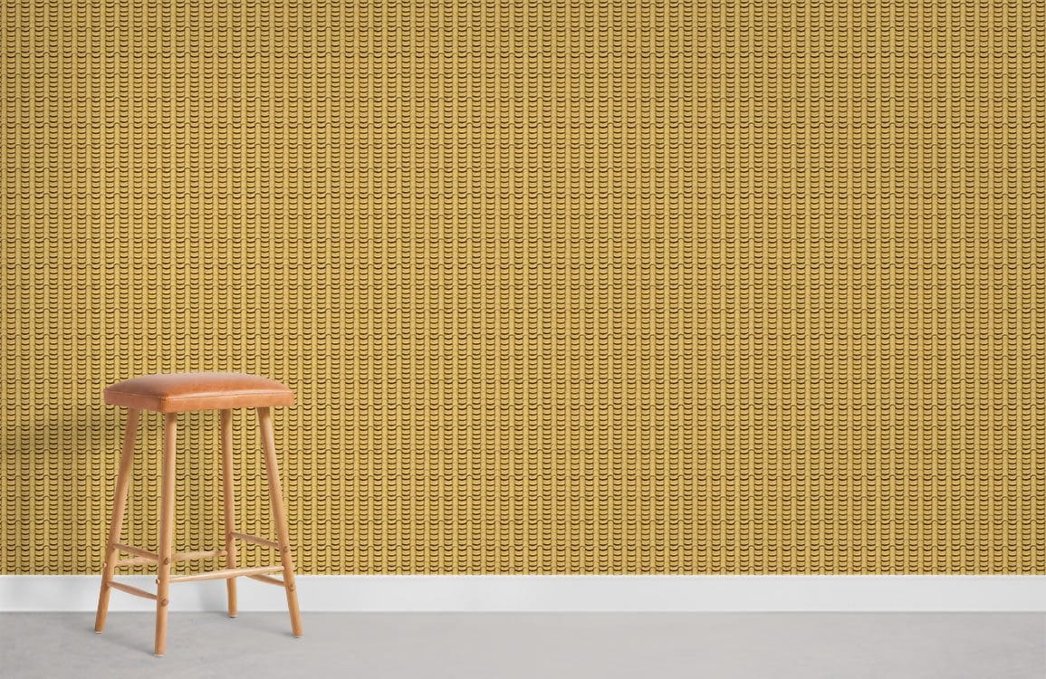 Vintage mustard yellow geometric wallpaper, wooden stool, minimalist room, carpeted flooring, timeless elegance.