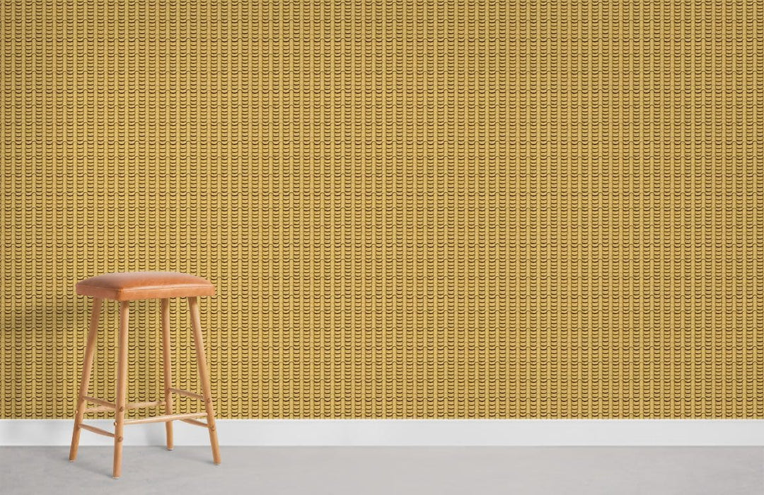 Vintage mustard yellow geometric wallpaper, wooden stool, minimalist room, carpeted flooring, timeless elegance.