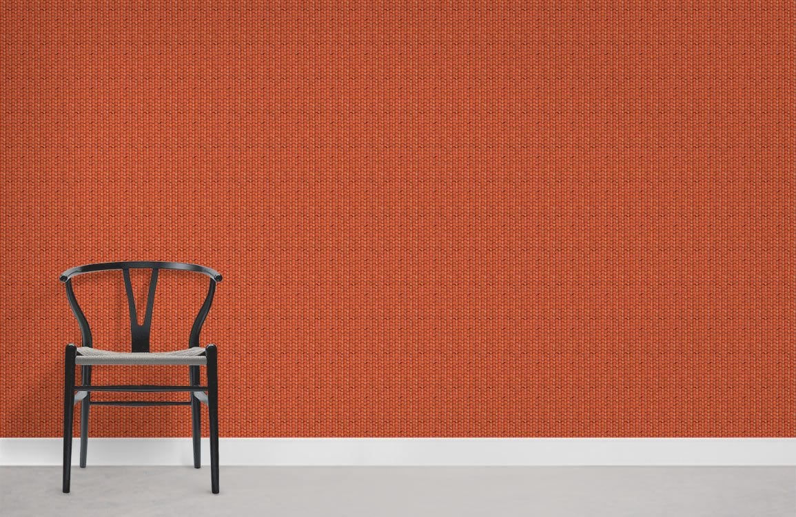 Rustic Terracotta Textured Wallpaper with black chair, grey flooring in minimalistic room design.
