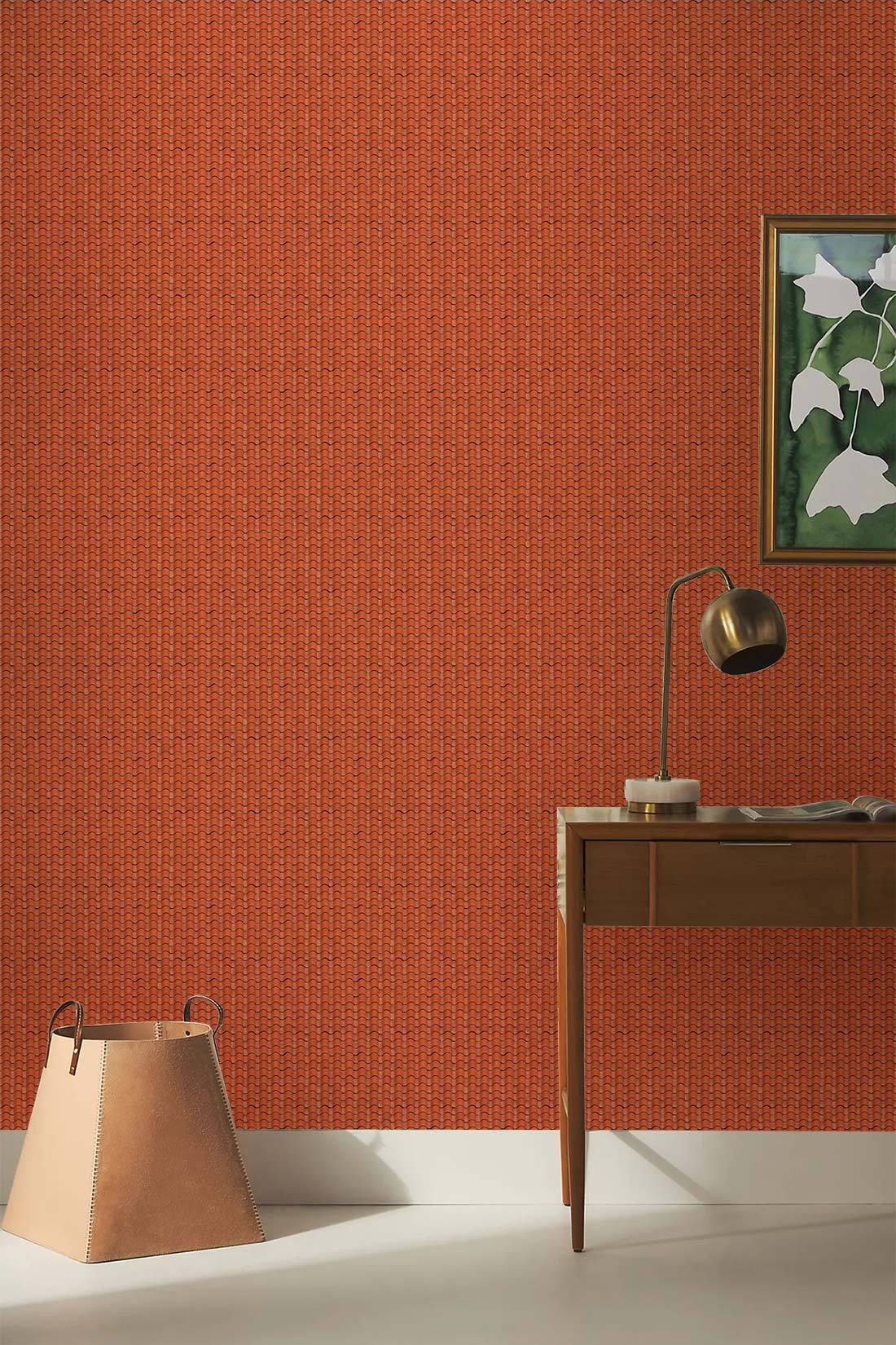 Rustic Terracotta Textured Wallpaper, wooden desk, artistic wall art, contemporary cosy room design.