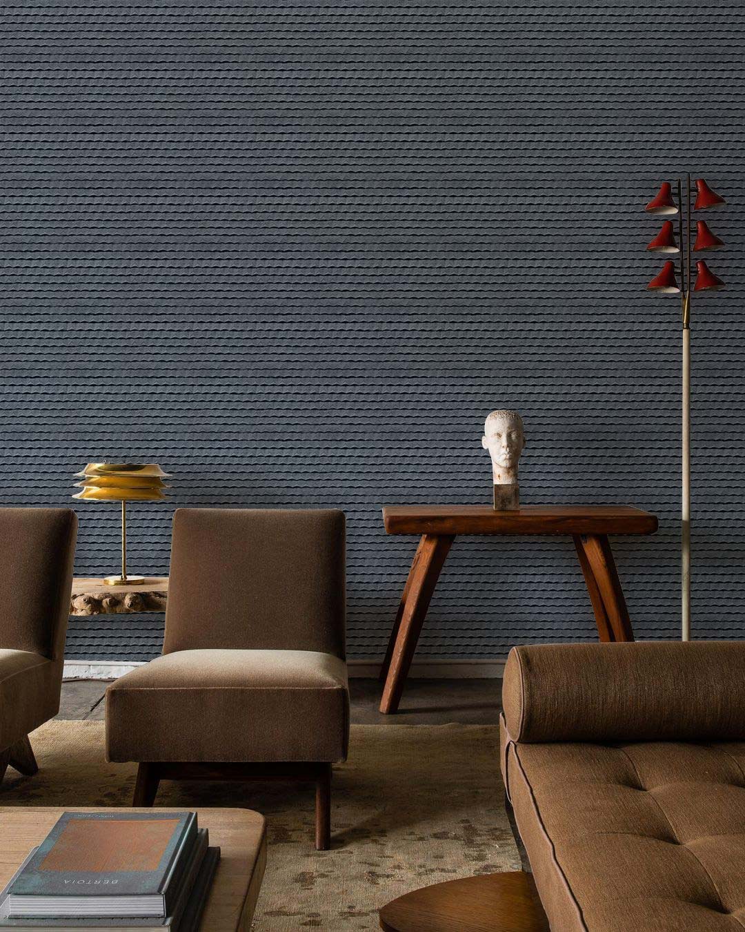 Luxe Charcoal Grey Textured Stripe Wallpaper in elegant living room with brown sofa, armchairs, and table.