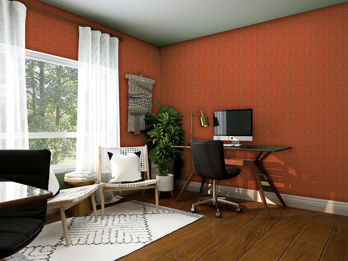 Rustic Terracotta Textured Wallpaper in home office with wood flooring, modern desk, and black chair.