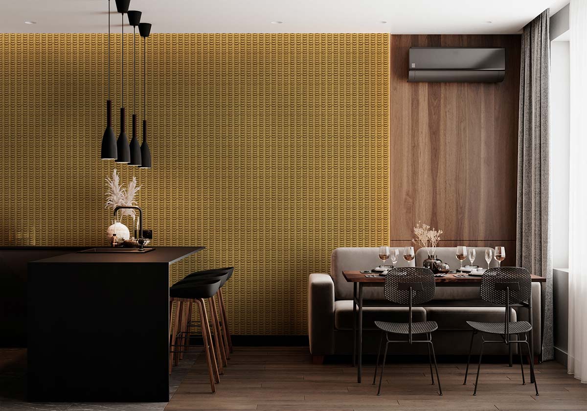 Vintage mustard yellow geometric wallpaper in modern dining room with grey sofa and wooden flooring.